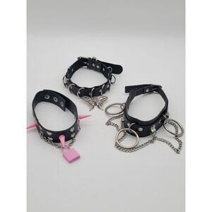 3 Pc Goth Punk Choker Bundle Butterfly O Ring Spike Padlock Alt Necklace Set